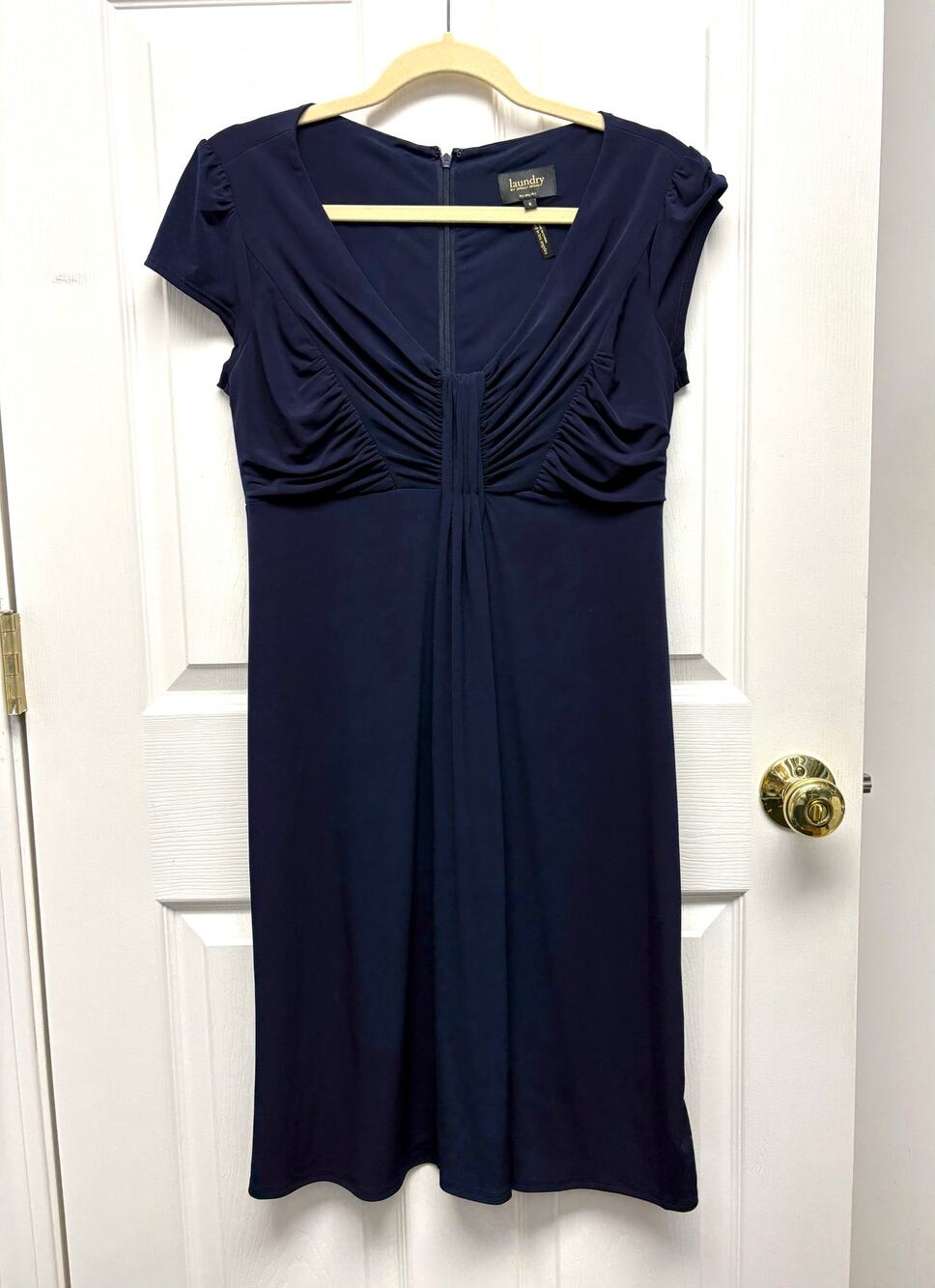 Laundry Shelli Segal Dress Navy Stretch Fit Flare Ruched Women’s Size 6